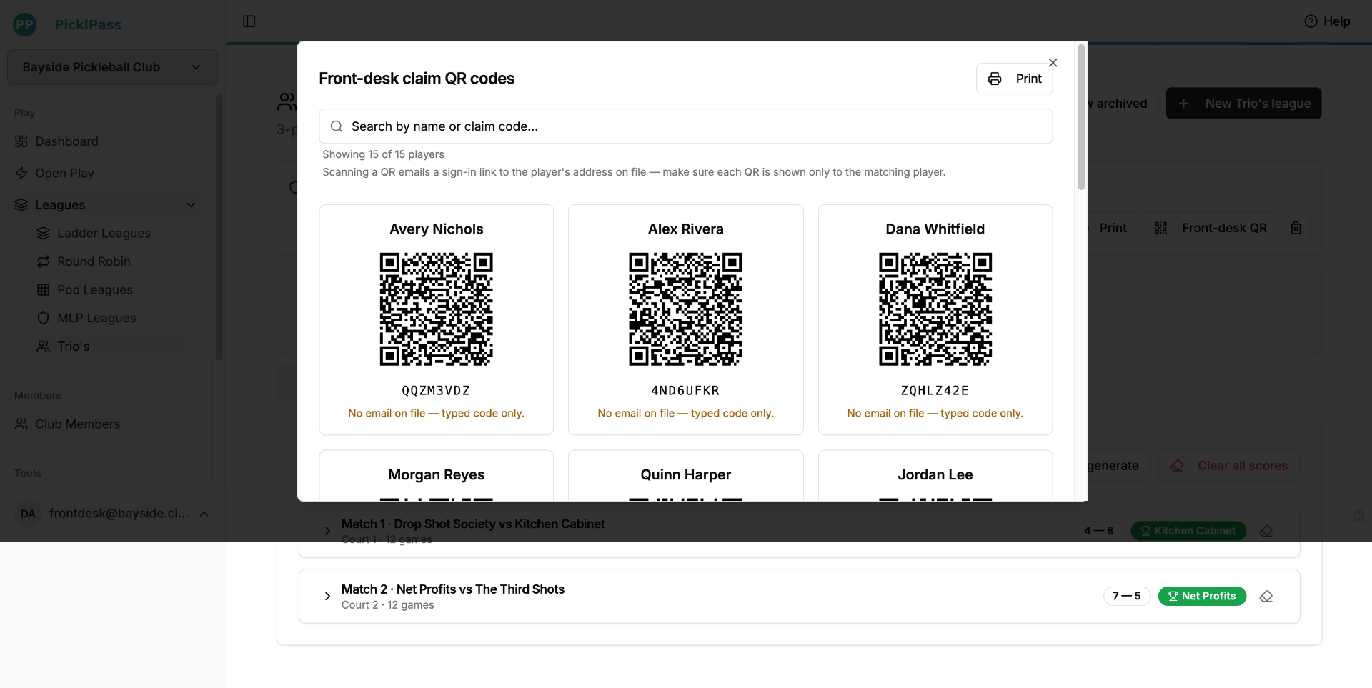Front-desk claim QR codes for a session roster
