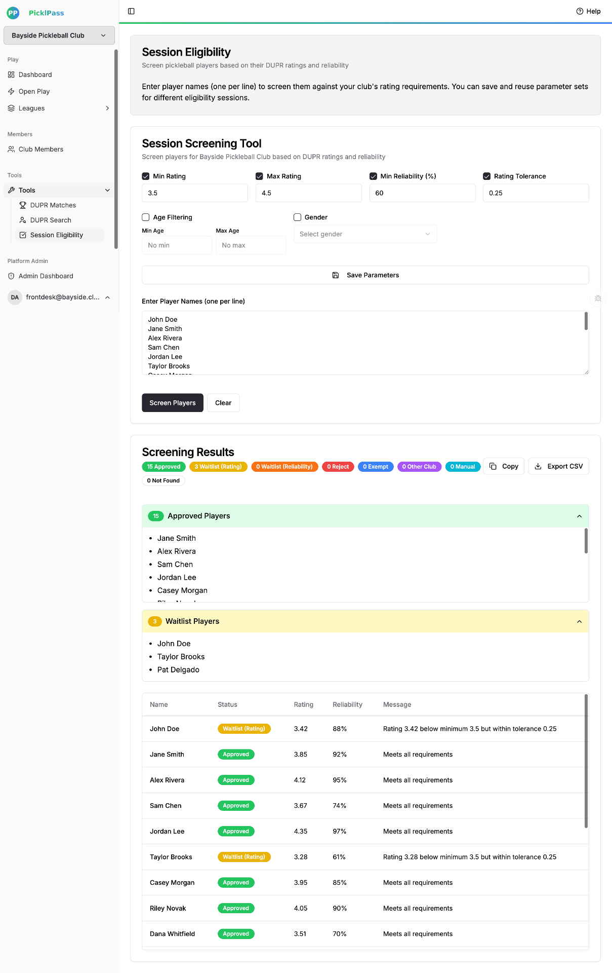Session Eligibility tool: parameter toggles, color-coded result tiers, and grouped approved/waitlist tables