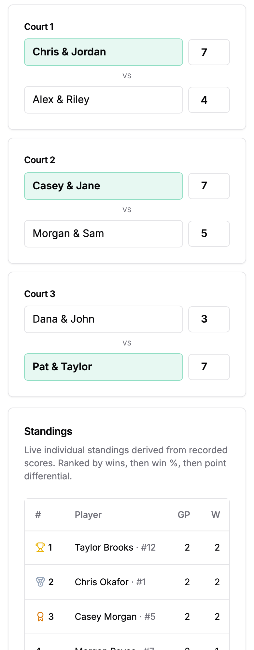 Operator running King of the Court on mobile: roster, live court score entry, standings