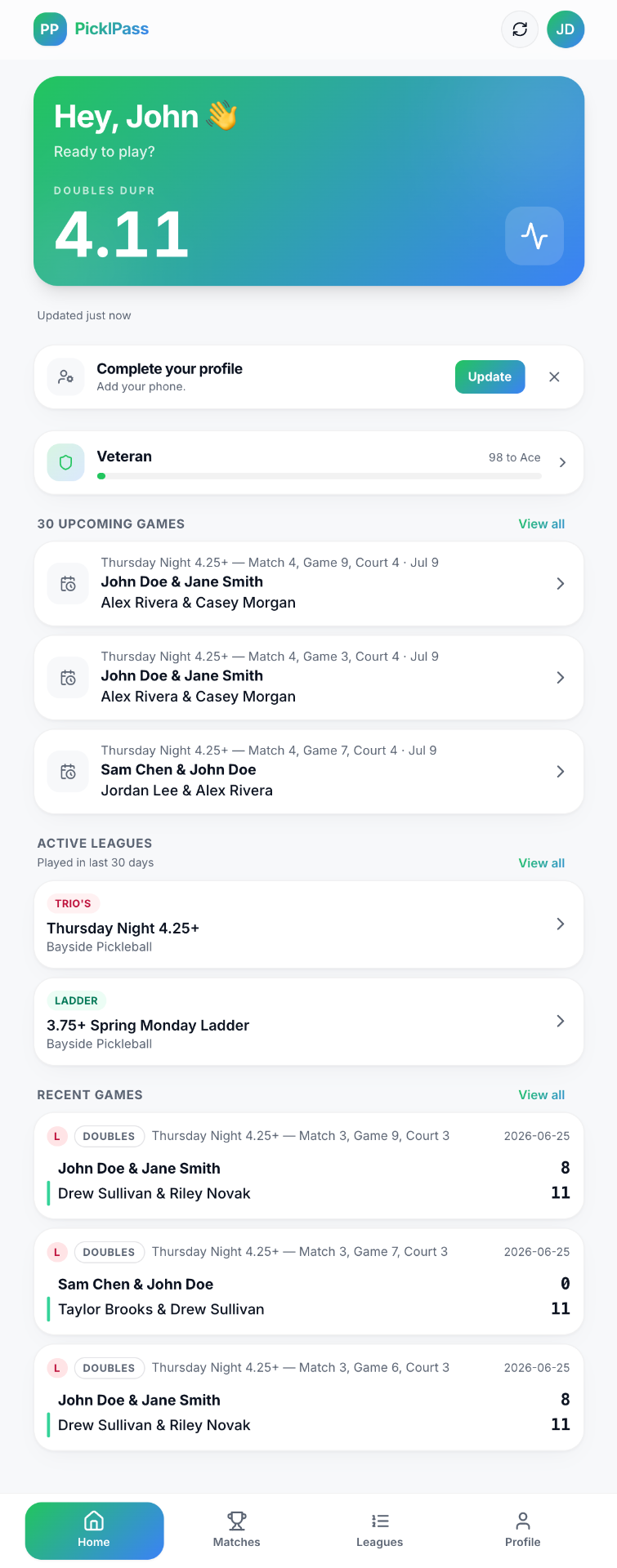 Player portal home: DUPR card, status tier, and upcoming games