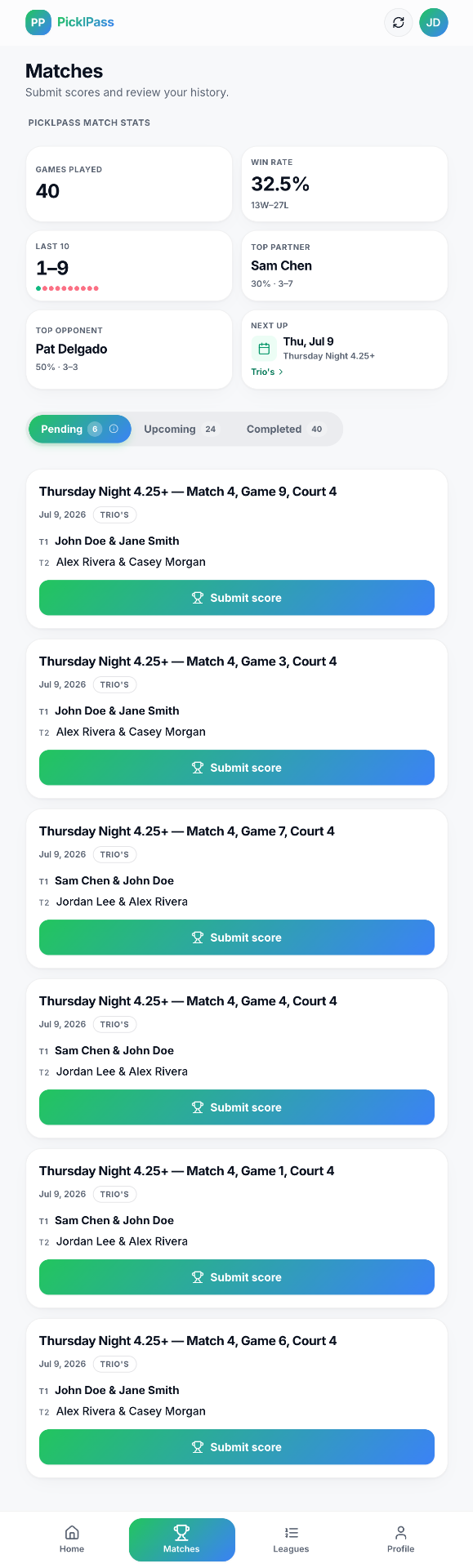 Player portal matches tab: submit scores from the phone