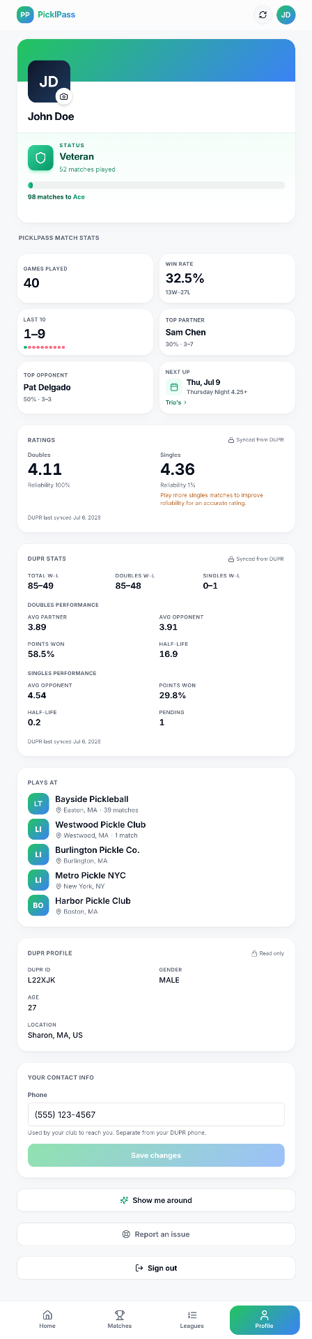Player portal profile: earned status tier, ratings, and DUPR stats